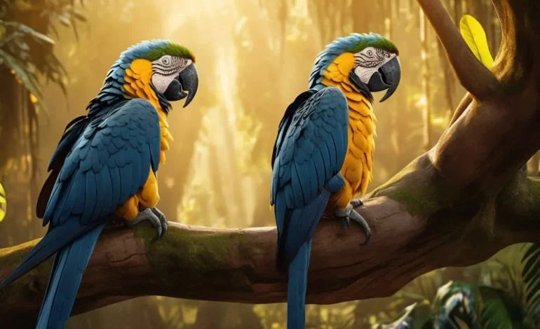 Arara-azul pousada em galho na Amazônia