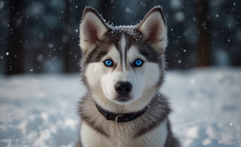 Filhote de husky siberiano fofo na neve