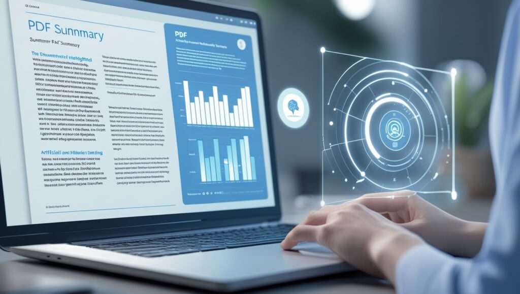Ferramenta de IA resumindo um PDF num laptop