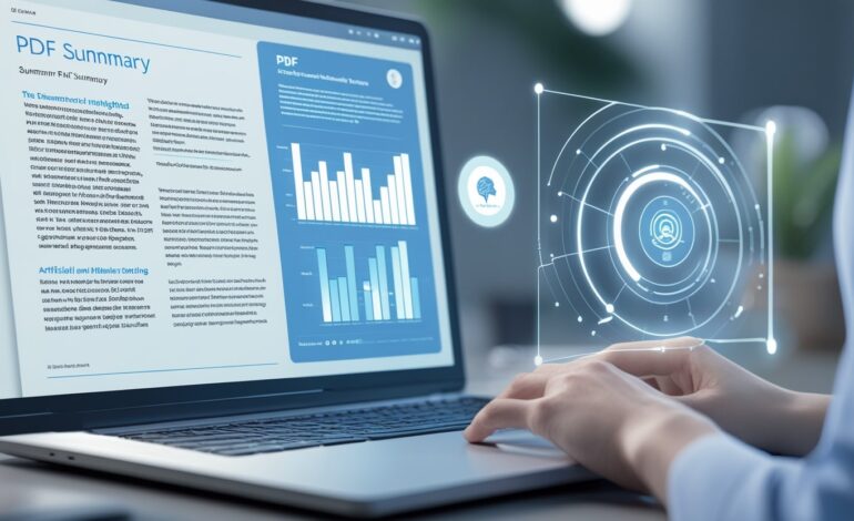 Ferramenta de IA resumindo um PDF num laptop