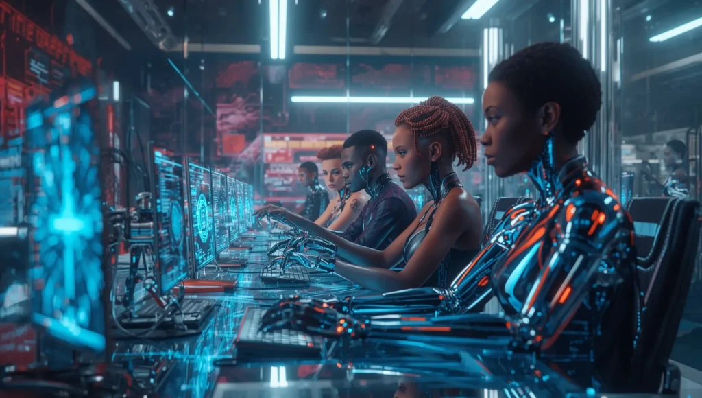 Inteligência Artificial no futuro do trabalho com humanos e robôs colaborando