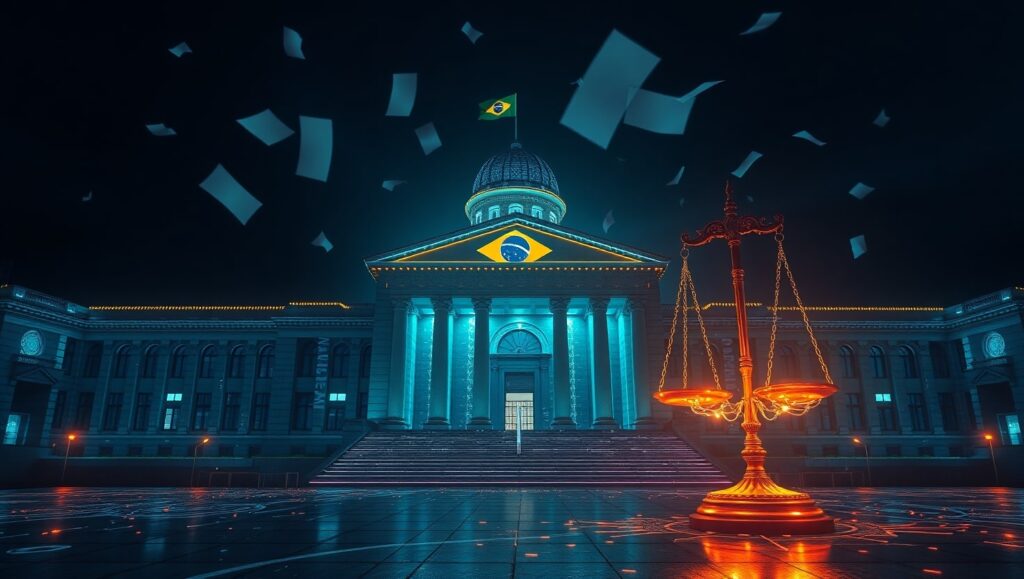 Ilustração de regulação da inteligência artificial no Brasil com ícones de leis e tecnologia