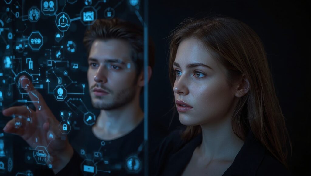 Você já usa Inteligência Artificial? Interface de inteligência artificial sendo usada no dia a dia com elementos digitais futuristas