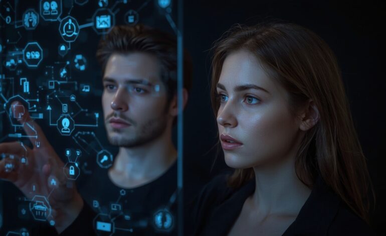 Interface de inteligência artificial sendo usada no dia a dia com elementos digitais futuristas