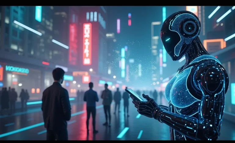 Representação futurista de agentes de IA autônomos em ação.