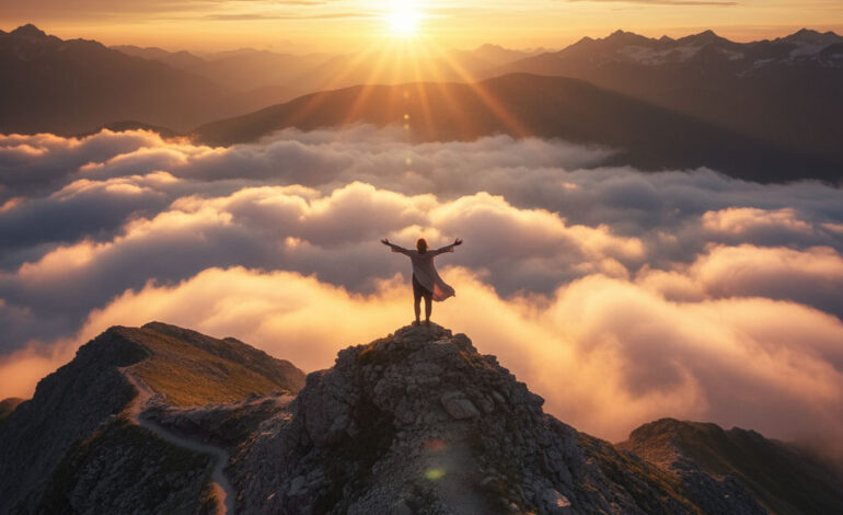 Imagem 4K de uma pessoa orando sob o sol nascente, simbolizando fé, esperança e inspiração para a vida diária.