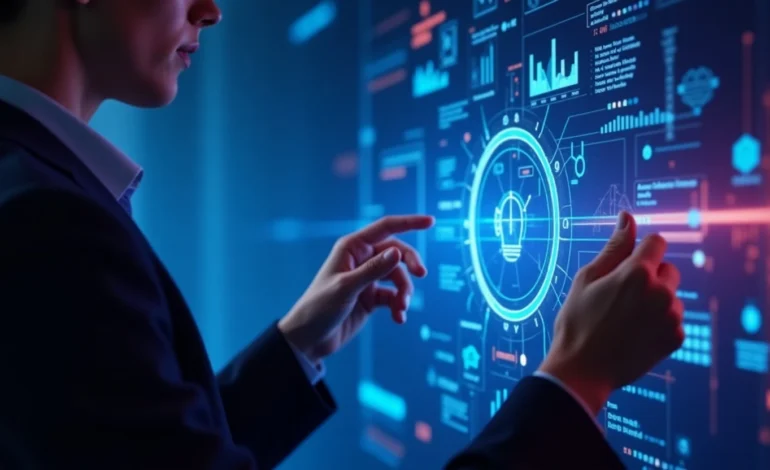 Usuário interagindo com interface de inteligência artificial futurista em tela holográfica.