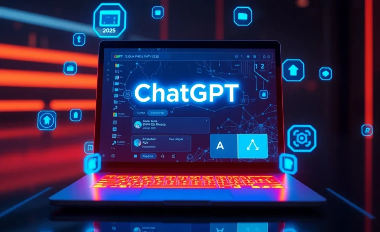 Usuário digitando em notebook enquanto interface futurista do ChatGPT brilha na tela com gráficos de IA.