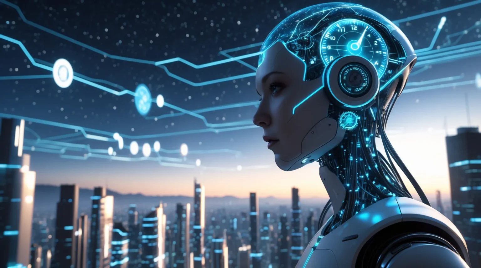 Ilustração de robô pensante com circuito cerebral e relógio no fundo, representando a corrida pela inteligência artificial geral (AGI).