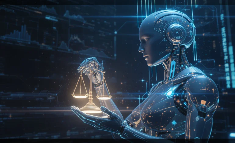 Ética e transparência em IA — conceito visual com robô e balança digital.
