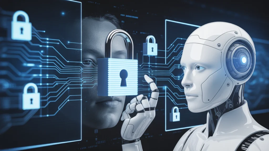 Privacidade de Dados na IA Generativa: O Que Você Precisa Saber! Ilustração de IA observando rede de dados com cadeados — privacidade de dados em IA generativa