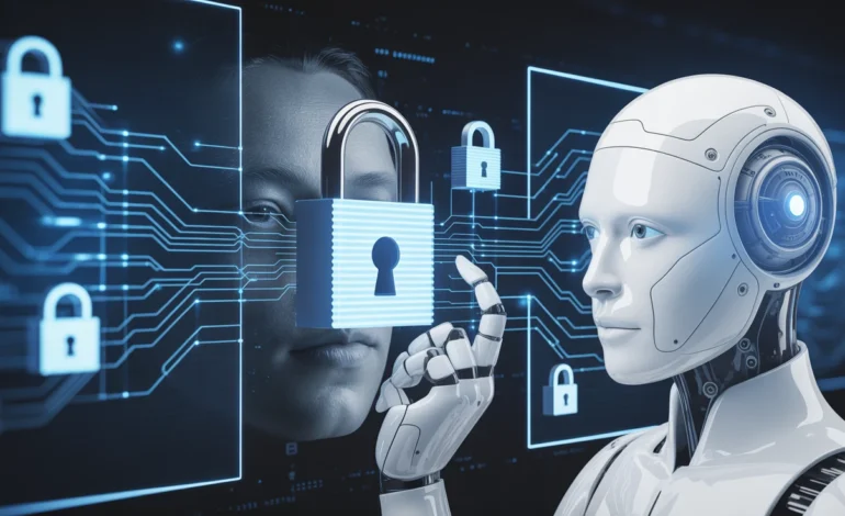 Ilustração de IA observando rede de dados com cadeados — privacidade de dados em IA generativa