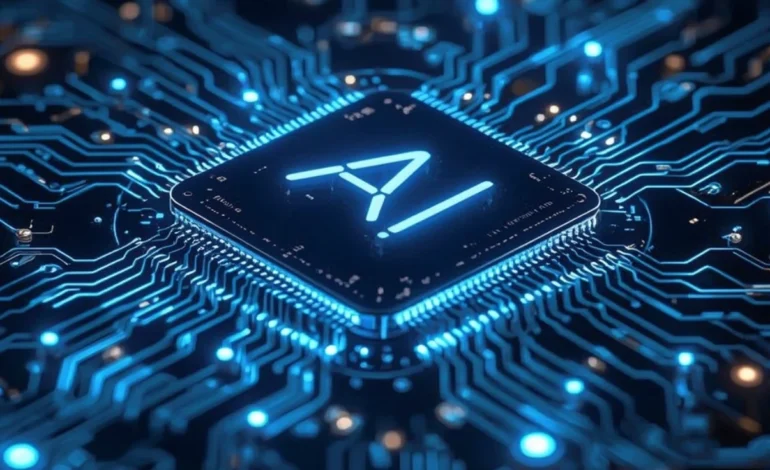 Chip de smartphone com luzes azuis representando IA local.