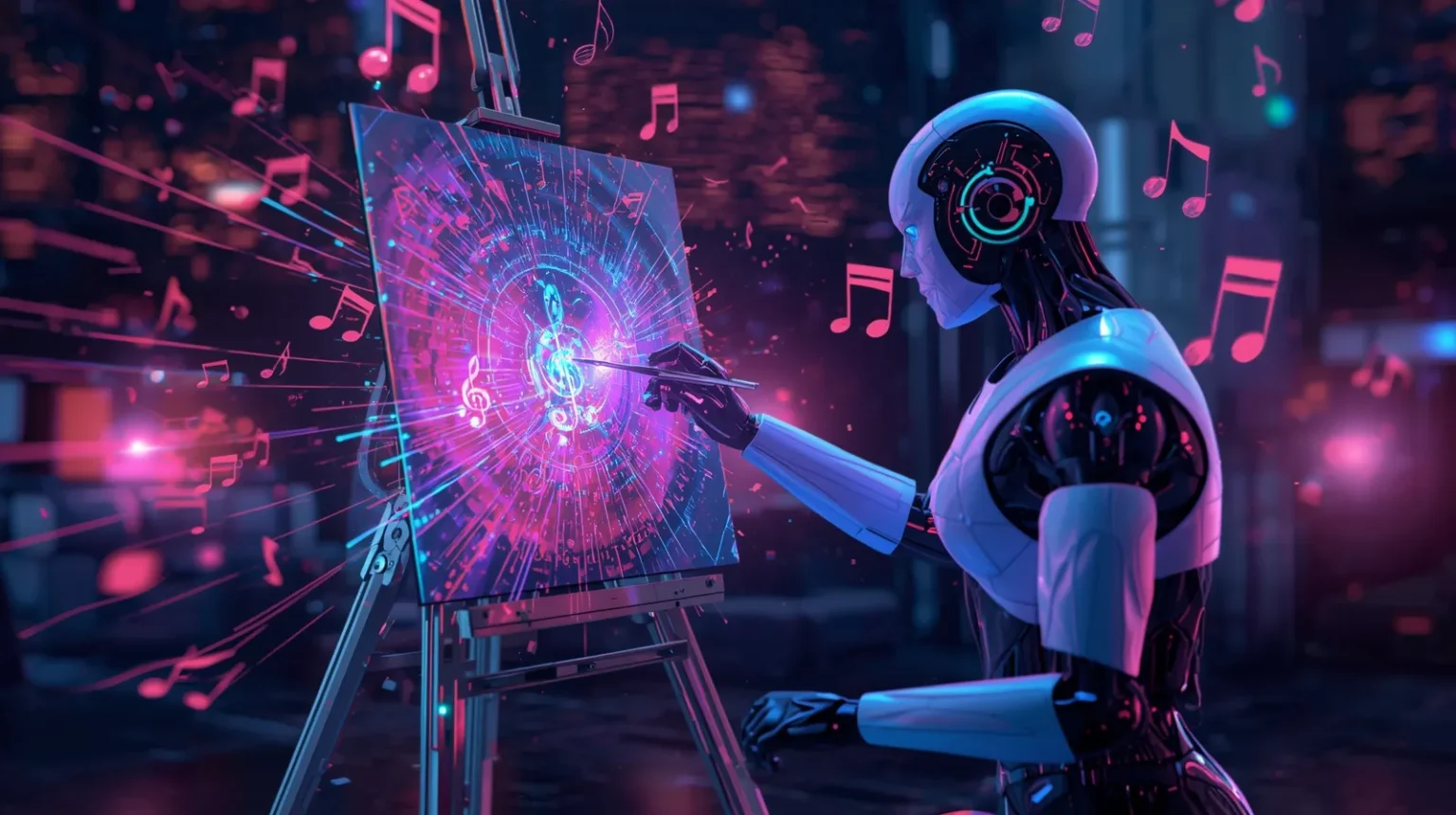 Inteligência Artificial criando arte e música digital em estilo futurista