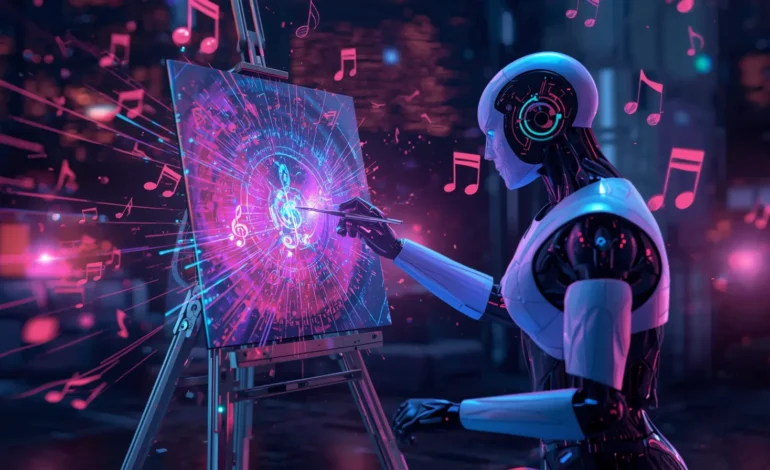 Inteligência Artificial criando arte e música digital em estilo futurista