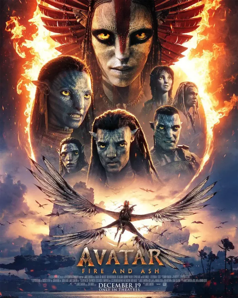 Pôster oficial de Avatar 3: Fogo e Cinzas representando a paisagem vulcânica de Pandora