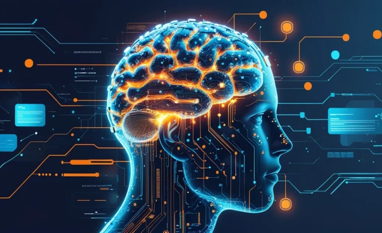 inteligência artificial representada por cérebro digital conectado a dados e tecnologia