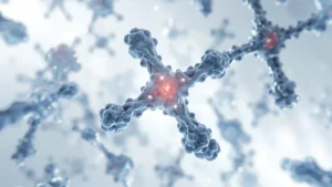 Ilustração científica da estrutura molecular da polilaminina em formato de cruz