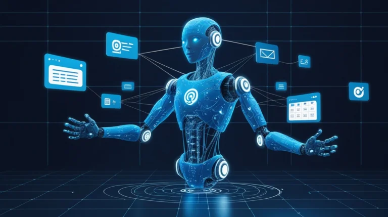 Representação visual de agentes de inteligência artificial autônomos interagindo com ferramentas digitais em 2026