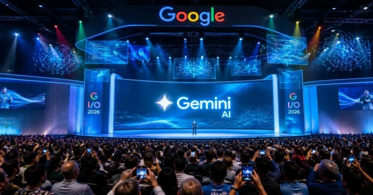 Google I/O 2026 palco principal com logo do Gemini AI e hologramas de Inteligência Artificial
