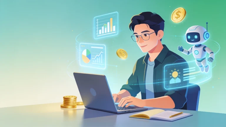 Como Ganhar Dinheiro com IA em 2026: 10 Formas Reais (e o Que Evitar) Pessoa ganhando dinheiro com inteligência artificial trabalhando no computador em 2026