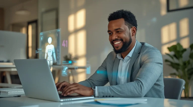 Profissional brasileiro usando inteligência artificial no trabalho em 2026 para aumentar produtividade