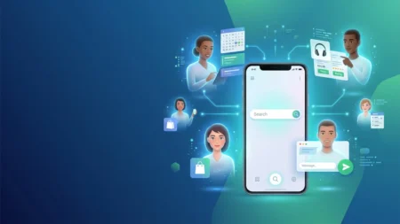 Era Agêntica: Smartphone mostrando a busca do Google com inteligência artificial e um agente autônomo realizando tarefas