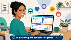 Ferramentas de IA Gratuitas para Pequenas Empresas em 2026: Guia Completo Ferramentas de IA gratuitas: Empreendedora usando ferramentas de inteligência artificial gratuitas no laptop para gestão da pequena empresa em 2026