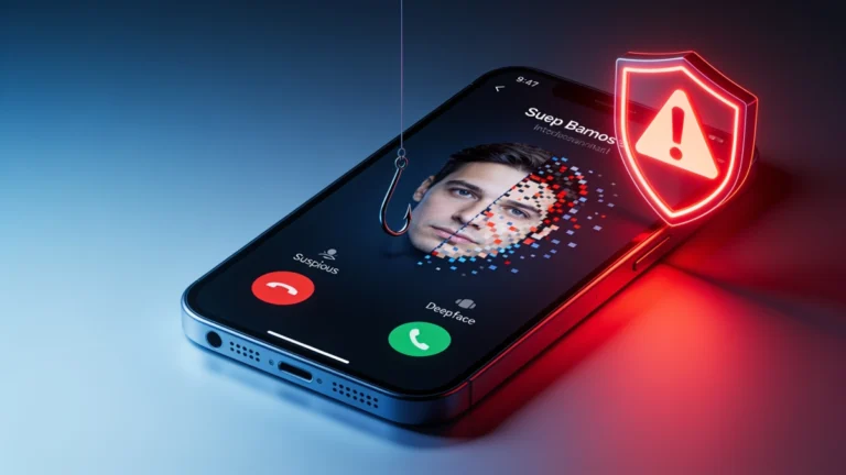 Golpes com IA: Pessoa recebendo golpe com IA por clonagem de voz e deepfake no celular em 2026