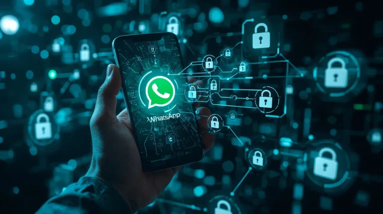 Smartphone protegido por escudo de segurança digital contra golpes no WhatsApp em 2026.