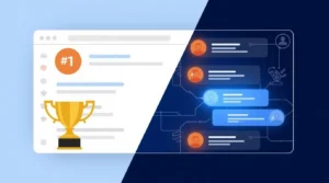 Ilustração comparando ranking tradicional do Google e citações de fontes em respostas de inteligência artificial