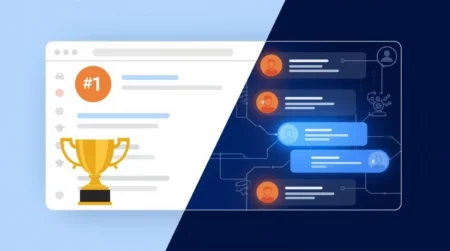 Ilustração comparando ranking tradicional do Google e citações de fontes em respostas de inteligência artificial